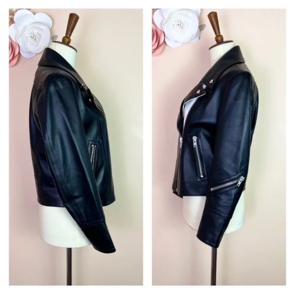 New! YIGAL AZROUEL Paneled Color Block Leather Moto Jacket in Black and White - Picture 11 of 13